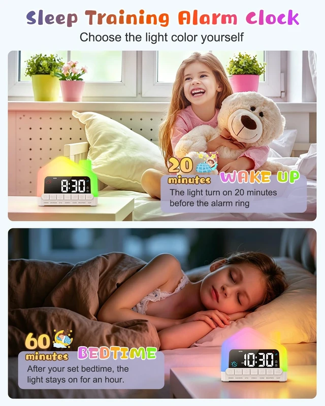 Alt view image 2 of 7 - OQIMAX Kids Alarm Clock, Toddler Sleep Training Clock with 12 Night Lights | Kid Ok-to-Wake Clock, Dual Alarms with Snooze, 13 Soothing Sounds, Child Lock, Ideal Gift for Boys & Girls & Toddlers