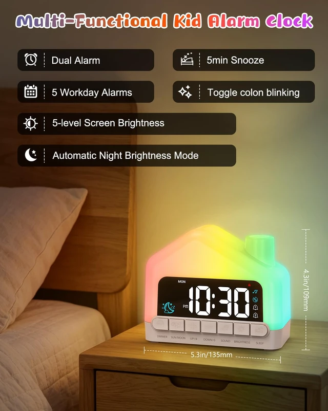 Alt view image 4 of 7 - OQIMAX Kids Alarm Clock, Toddler Sleep Training Clock with 12 Night Lights | Kid Ok-to-Wake Clock, Dual Alarms with Snooze, 13 Soothing Sounds, Child Lock, Ideal Gift for Boys & Girls & Toddlers