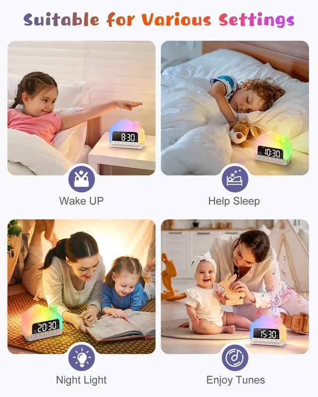 Alt view image 3 of 7 - OQIMAX Kids Alarm Clock, Toddler Sleep Training Clock with 12 Night Lights | Kid Ok-to-Wake Clock, Dual Alarms with Snooze, 13 Soothing Sounds, Child Lock, Ideal Gift for Boys & Girls & Toddlers