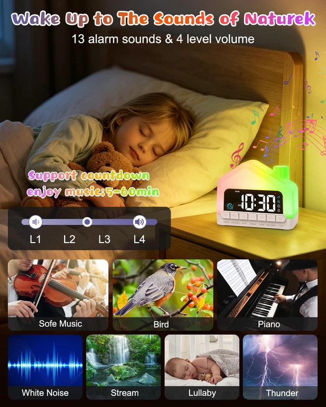 Alt view image 6 of 7 - OQIMAX Kids Alarm Clock, Toddler Sleep Training Clock with 12 Night Lights | Kid Ok-to-Wake Clock, Dual Alarms with Snooze, 13 Soothing Sounds, Child Lock, Ideal Gift for Boys & Girls & Toddlers