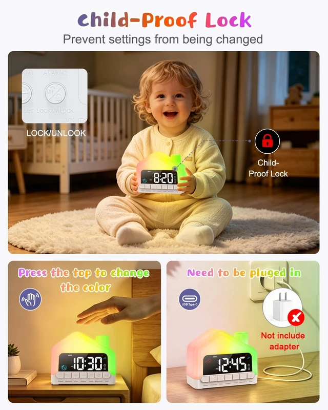 Alt view image 7 of 7 - OQIMAX Kids Alarm Clock, Toddler Sleep Training Clock with 12 Night Lights | Kid Ok-to-Wake Clock, Dual Alarms with Snooze, 13 Soothing Sounds, Child Lock, Ideal Gift for Boys & Girls & Toddlers