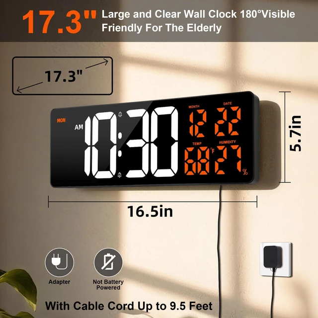 Alt view image 2 of 7 - 17.3" Large Digital Wall Clock Timer Alarm Clock with 8 Color Night Light | Led Large Display Mount Clock with Jumbo Number, Auto-Dimming/DST, for Classroom Living Room Gym Gift for Senior Mom Dad