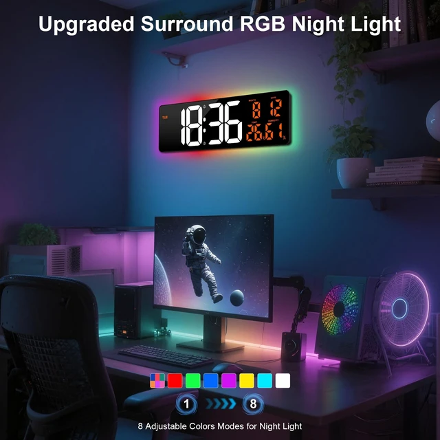 Alt view image 3 of 7 - 17.3" Large Digital Wall Clock Timer Alarm Clock with 8 Color Night Light | Led Large Display Mount Clock with Jumbo Number, Auto-Dimming/DST, for Classroom Living Room Gym Gift for Senior Mom Dad