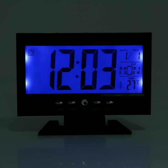 Alt view image 4 of 7 - Electric Alarm Clock, LCD Display Digital Smart Nightlight Sound Sensor Table Desk Alarm Clock with Calendar and Temperature Date Display(Black)