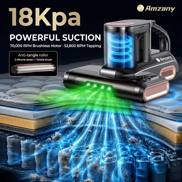 Alt view image 3 of 7 - Amzany Cordless Mattress Vacuum Cleaner, 18Kpa Bed Vacuum with 253.7nm UV-C Light & Ultrasonic, 52800 BPM Tapping, 3-Stage HEPA, Green Light Dust Detection for Bed Sofa Couch Crib Pet Hair