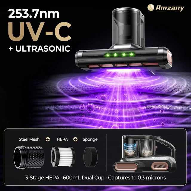 Alt view image 6 of 7 - Amzany Cordless Mattress Vacuum Cleaner, 18Kpa Bed Vacuum with 253.7nm UV-C Light & Ultrasonic, 52800 BPM Tapping, 3-Stage HEPA, Green Light Dust Detection for Bed Sofa Couch Crib Pet Hair