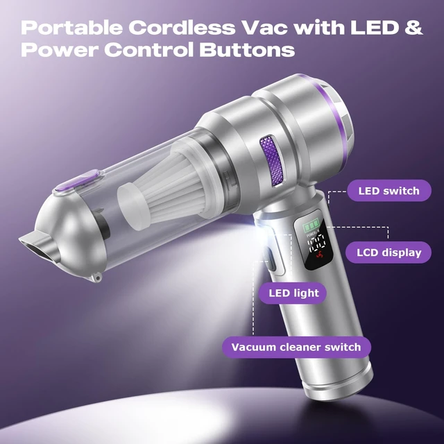 Alt view image 2 of 7 - Car Vacuum Portable Cordless, 28000PA 4-in-1 Mini Vacuum | Handheld Vacuum Cordless with LCD Digital Display, High Power Cyclonic Suction, Multi-Nozzles, for Car, Home, Pet, Sofa