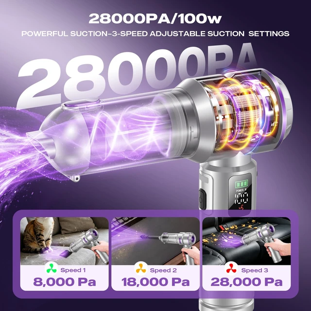 Alt view image 6 of 7 - Car Vacuum Portable Cordless, 28000PA 4-in-1 Mini Vacuum | Handheld Vacuum Cordless with LCD Digital Display, High Power Cyclonic Suction, Multi-Nozzles, for Car, Home, Pet, Sofa