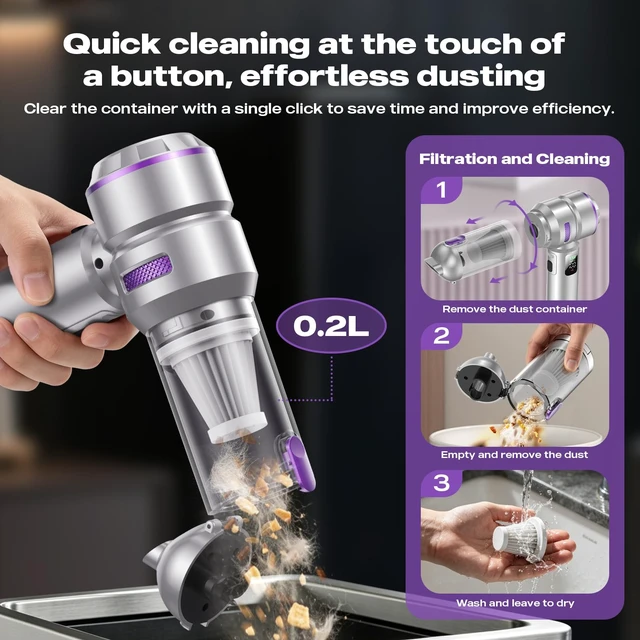 Alt view image 7 of 7 - Car Vacuum Portable Cordless, 28000PA 4-in-1 Mini Vacuum | Handheld Vacuum Cordless with LCD Digital Display, High Power Cyclonic Suction, Multi-Nozzles, for Car, Home, Pet, Sofa