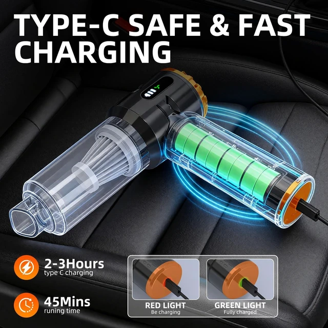 Alt view image 6 of 7 - Melising Handheld Vacuum Cleaner Cordless, 23000Pa Powerful Car Mini Vacuum Cleaner, Rechargeable Portable Lightweight dust Catcher for Home Car Carpet Stairs Pet Hair Deep CleaningBlack-Orange