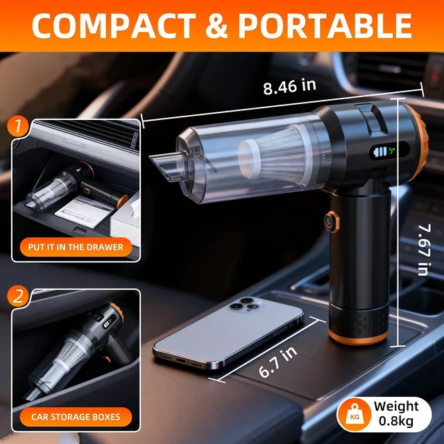 Alt view image 7 of 7 - Melising Handheld Vacuum Cleaner Cordless, 23000Pa Powerful Car Mini Vacuum Cleaner, Rechargeable Portable Lightweight dust Catcher for Home Car Carpet Stairs Pet Hair Deep CleaningBlack-Orange