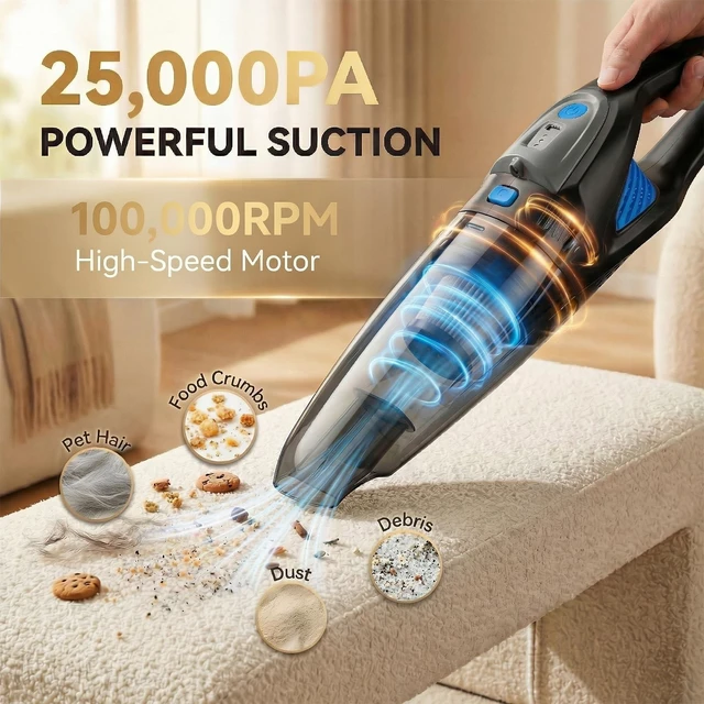 Alt view image 2 of 7 - Handheld Vacuum Cordless, 25000Pa Powerful Suction Car Vacuum Portable Cordless with 2 Suction Modes & LED Light, Hand Held Vacuum Rechargeable with HEPA Filters, Home, Car Seats, Pet Hair Blue