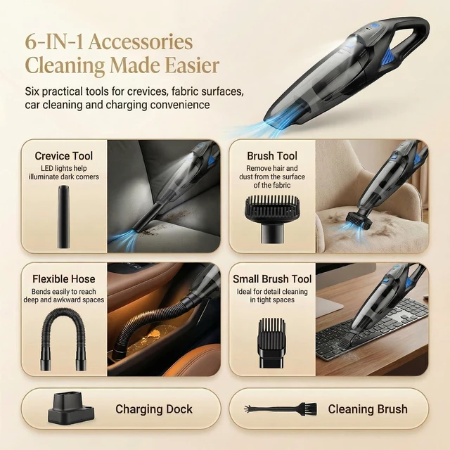 Alt view image 4 of 7 - Handheld Vacuum Cordless, 25000Pa Powerful Suction Car Vacuum Portable Cordless with 2 Suction Modes & LED Light, Hand Held Vacuum Rechargeable with HEPA Filters, Home, Car Seats, Pet Hair Blue