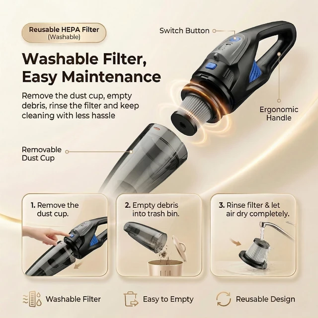 Alt view image 5 of 7 - Handheld Vacuum Cordless, 25000Pa Powerful Suction Car Vacuum Portable Cordless with 2 Suction Modes & LED Light, Hand Held Vacuum Rechargeable with HEPA Filters, Home, Car Seats, Pet Hair Blue