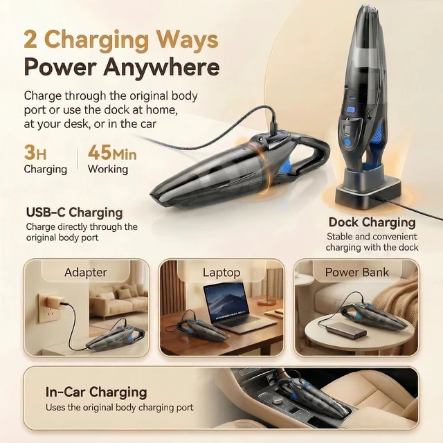 Alt view image 6 of 7 - Handheld Vacuum Cordless, 25000Pa Powerful Suction Car Vacuum Portable Cordless with 2 Suction Modes & LED Light, Hand Held Vacuum Rechargeable with HEPA Filters, Home, Car Seats, Pet Hair Blue