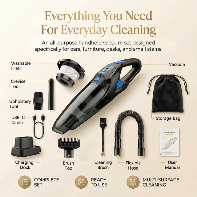 Alt view image 7 of 7 - Handheld Vacuum Cordless, 25000Pa Powerful Suction Car Vacuum Portable Cordless with 2 Suction Modes & LED Light, Hand Held Vacuum Rechargeable with HEPA Filters, Home, Car Seats, Pet Hair Blue