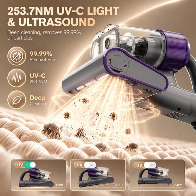 Alt view image 5 of 7 - Mattress Vacuum Cleaner, Bed Vacuum with 18Kpa Suction & 253.7nm UV-C Light | Intelligent Dual Cup,150°F Heat, HEPA, One-Click Dust Removal Handheld Vacuums for Bed, Sofa, Carpet, Grey