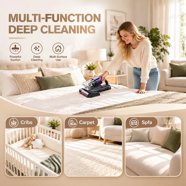 Alt view image 7 of 7 - Mattress Vacuum Cleaner, Bed Vacuum with 18Kpa Suction & 253.7nm UV-C Light | Intelligent Dual Cup,150°F Heat, HEPA, One-Click Dust Removal Handheld Vacuums for Bed, Sofa, Carpet, Grey