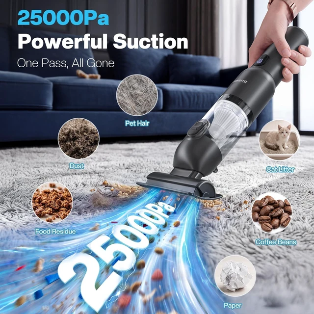 Alt view image 5 of 7 - Car Vacuum 4-in-1 Small Handheld Vacuum w/ 25000Pa Suction, Cordless Hand Held Vacuum Rechargeable w/ Power Display, Portable Cordless Mini Car Vacuum with Led Light for Car Home Office Desk Keyboard