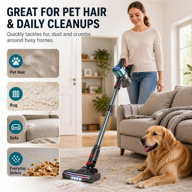 Alt view image 3 of 7 - Cordless Vacuum Cleaner, Stick Vacuum for Pet Hair & Hardwood Floor, Self-Standing Rechargeable Vacuum with Smart LED Display, Lightweight Battery Powered Vacuum for Home, Dorm, & Dog Hair