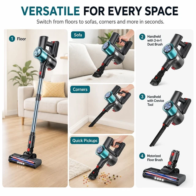 Alt view image 6 of 7 - Cordless Vacuum Cleaner, Stick Vacuum for Pet Hair & Hardwood Floor, Self-Standing Rechargeable Vacuum with Smart LED Display, Lightweight Battery Powered Vacuum for Home, Dorm, & Dog Hair