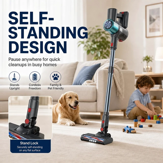 Alt view image 7 of 7 - Cordless Vacuum Cleaner, Stick Vacuum for Pet Hair & Hardwood Floor, Self-Standing Rechargeable Vacuum with Smart LED Display, Lightweight Battery Powered Vacuum for Home, Dorm, & Dog Hair