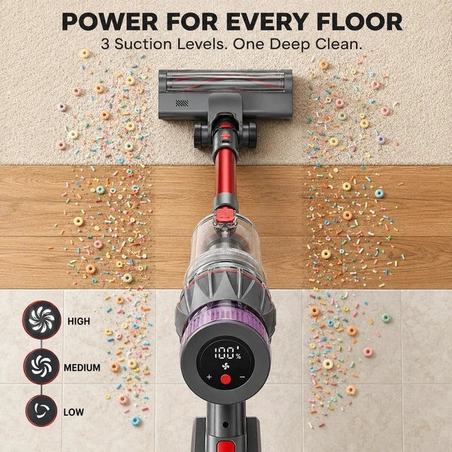 Alt view image 4 of 7 - Cordless Vacuum Cleaner, Self-Standing Stick Vacuum with Smart LED Display, Powerful Suction Rechargeable Vacuum for Pet Hair & Hardwood Floors, Lightweight Battery Powered Vacuum for Home & Dorm