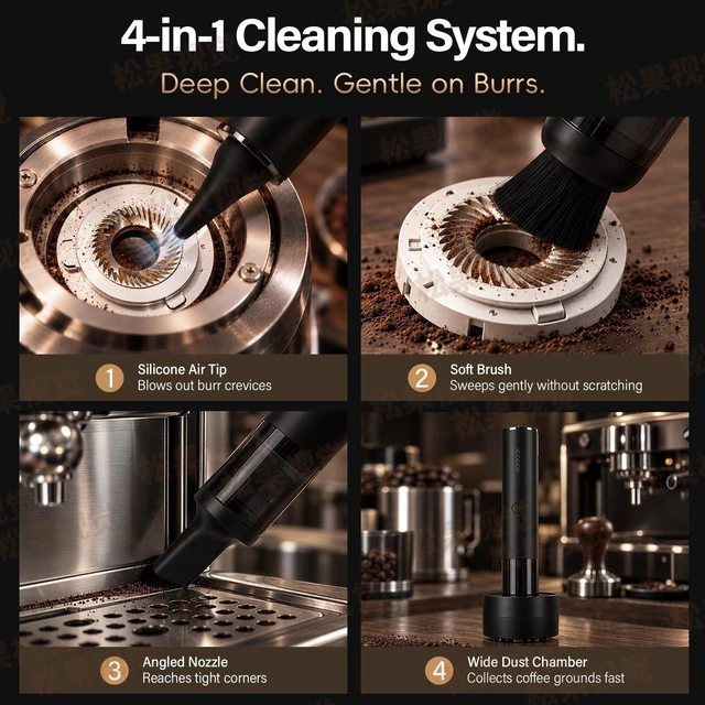 Alt view image 5 of 7 - Barista Coffee Vacuum Cleaner for Coffee Grinders & Espresso Machines | Coffee grounds vacuum for Barista Stations, 4 heads, soft bristle brush, angled nozzle, blower tip, USB-C rechargeable
