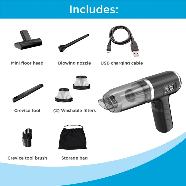 Alt view image 2 of 7 - BLACK+DECKER dustbuster mini 2-in-1 Hand Vacuum Air Blower, Black (MDB-1) | 16 mins runtime, 8V, 13 AW, 250 mph Air, 4 Attachments, Compact car vacuum, LED Lights, Lightweight mini vacuum, USB cable