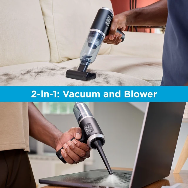 Alt view image 3 of 7 - BLACK+DECKER dustbuster mini 2-in-1 Hand Vacuum Air Blower, Black (MDB-1) | 16 mins runtime, 8V, 13 AW, 250 mph Air, 4 Attachments, Compact car vacuum, LED Lights, Lightweight mini vacuum, USB cable