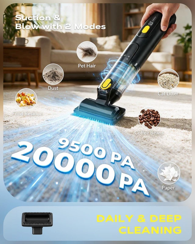 Alt view image 5 of 7 - Handheld Vacuum Cleaner 20000PA High Power, 4-in-1 Mini Car Vacuum | Cordless Vacuum Rechargeable with LED Display & Washable HEPA Filter, Light Design for Car, Home, Keyboard, Office, Pet Hair
