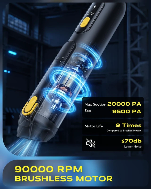 Alt view image 3 of 7 - Handheld Vacuum Cleaner 20000PA High Power, 4-in-1 Mini Car Vacuum | Cordless Vacuum Rechargeable with LED Display & Washable HEPA Filter, Light Design for Car, Home, Keyboard, Office, Pet Hair