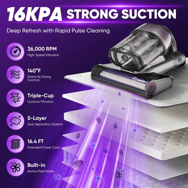 Alt view image 2 of 7 - Saker Mattress Vacuum Cleaner, Handheld Bed Vacuum Cleaner with 16KPa Suction UVC Light, 140°F Heated Air, HEPA Filter, Aroma Function, 16.4FT Cord for Cleaning Bed, Sofa, and Couch