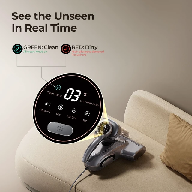 Alt view image 3 of 7 - JIGOO J300 Bed Vacuum Cleaner, Dust Sensor, Pet Hair, UV and Heat, Corded | Deep-clean mattress vacuum cleaner, 500W motor, 13Kpa suction, UV-C light and 130°F heat for beds, sofas, Gray