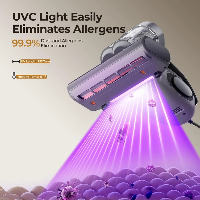 Alt view image 4 of 7 - JIGOO J300 Bed Vacuum Cleaner, Dust Sensor, Pet Hair, UV and Heat, Corded | Deep-clean mattress vacuum cleaner, 500W motor, 13Kpa suction, UV-C light and 130°F heat for beds, sofas, Gray