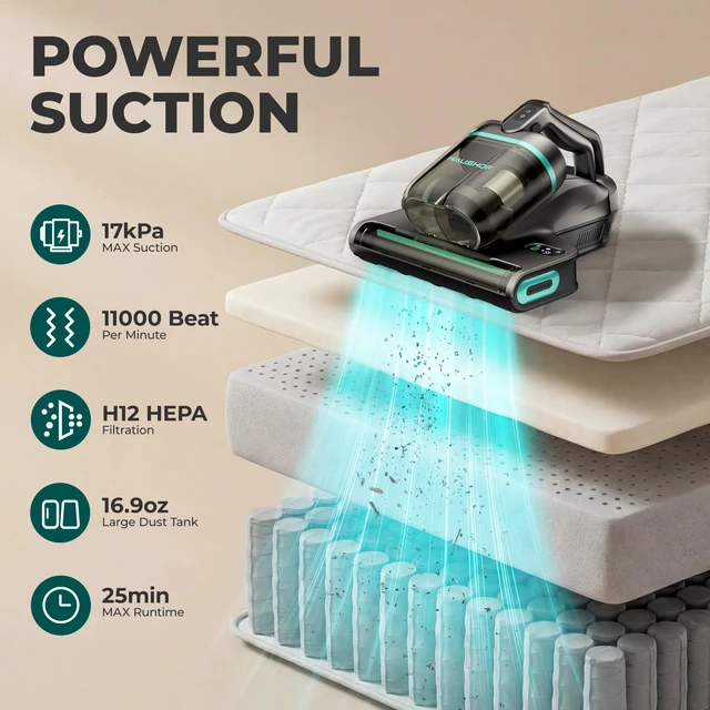 Alt view image 2 of 6 - HAUSHOF Cordless Mattress Vacuum Cleaner, 17kPa, 2 Suction Modes | Dust Index Indicator, 140°F Heat, 11000 BPM Tap, H12 HEPA Filter, 16.9oz Dual Cup, For Couch, Bed, Furniture
