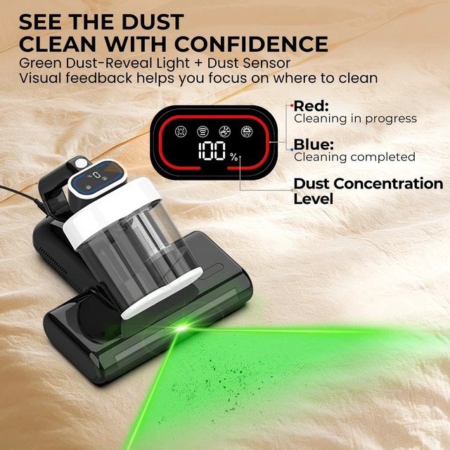 Alt view image 2 of 7 - FIXR Mattress Vacuum Cleaner,16KPa Bed Vacuum with UV-C Light,Dust Sensor | Green Dust Reveal Light, Ultrasonic, 140°F Heat, Corded 500W Dual-cup Handheld Vacuums for Bed, Couch, Crib, Pet Hair