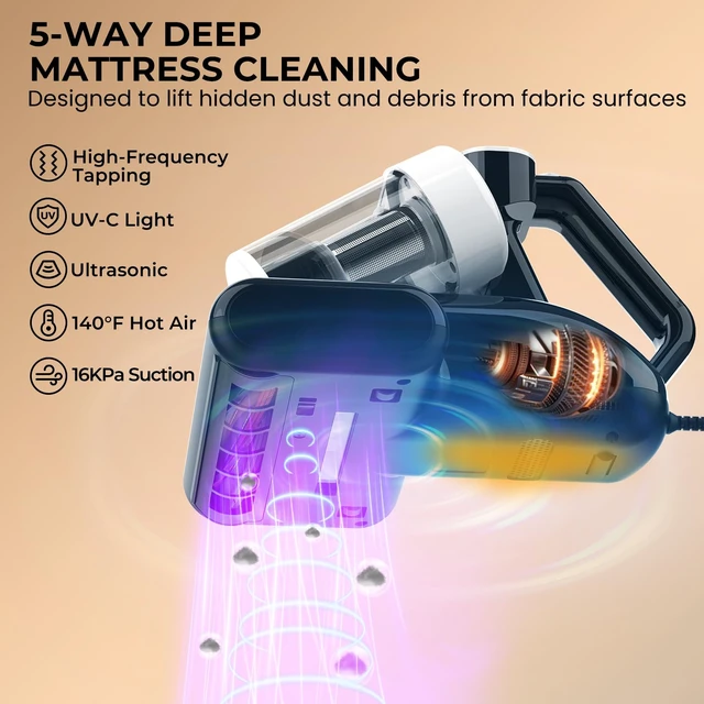 Alt view image 3 of 7 - FIXR Mattress Vacuum Cleaner,16KPa Bed Vacuum with UV-C Light,Dust Sensor | Green Dust Reveal Light, Ultrasonic, 140°F Heat, Corded 500W Dual-cup Handheld Vacuums for Bed, Couch, Crib, Pet Hair