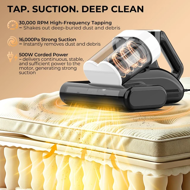 Alt view image 4 of 7 - FIXR Mattress Vacuum Cleaner,16KPa Bed Vacuum with UV-C Light,Dust Sensor | Green Dust Reveal Light, Ultrasonic, 140°F Heat, Corded 500W Dual-cup Handheld Vacuums for Bed, Couch, Crib, Pet Hair