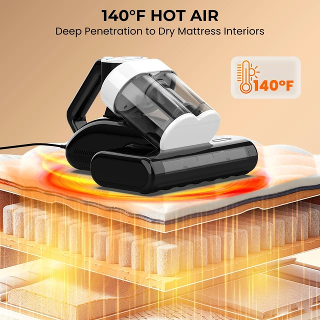 Alt view image 6 of 7 - FIXR Mattress Vacuum Cleaner,16KPa Bed Vacuum with UV-C Light,Dust Sensor | Green Dust Reveal Light, Ultrasonic, 140°F Heat, Corded 500W Dual-cup Handheld Vacuums for Bed, Couch, Crib, Pet Hair