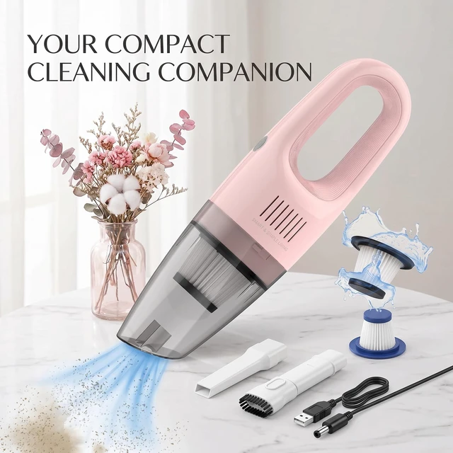 Alt view image 3 of 7 - Pink Cordless Portable Car Vacuum Cleaner, High Power Handheld Vacuum | Rechargeable Lightweight Desk Duster Detailing Kit for Auto Interior & Kitchen, Aesthetic Car Accessories for Women