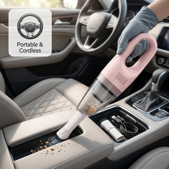 Alt view image 6 of 7 - Pink Cordless Portable Car Vacuum Cleaner, High Power Handheld Vacuum | Rechargeable Lightweight Desk Duster Detailing Kit for Auto Interior & Kitchen, Aesthetic Car Accessories for Women