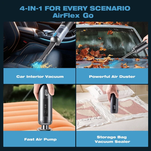 Alt view image 2 of 7 - HAUSMEISTER Airflex Go Cordless Car Vacuum 16000Pa, 4-in-1 Handheld Vacuum with Air Duster & Inflator, Portable Mini Vac for Car Detailing, Pet Hair, Keyboard Cleaning (Black)