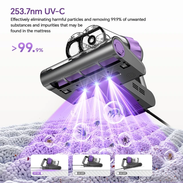 Alt view image 3 of 7 - Bed Mattress Vacuum Cleaner - 18 KPa Suction,150°F Heat,Aroma,253.7nm UV-C | Smart Dust Sensor,40800RPM Roller Brush,Ultrasonic,500W Powerful Handheld,HEPA Filter,for Bed,Sofa,Couch