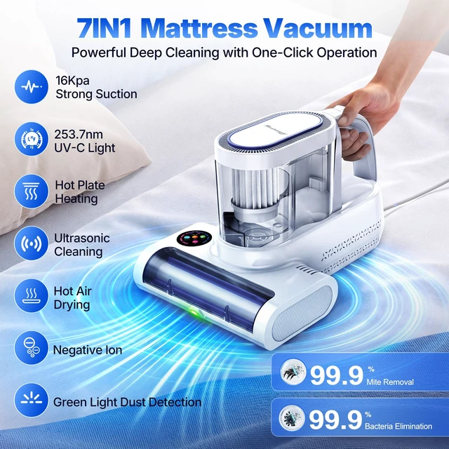 Alt view image 2 of 7 - Misshappy Mattress Bed Vacuum Cleaner - 16KPa Strong Suction Handheld Bed Vacuum Cleaner UV Sanitizing, Ultrasonic Module, Green Dust Visible Light, Dual Dust Cup Filtration 500W