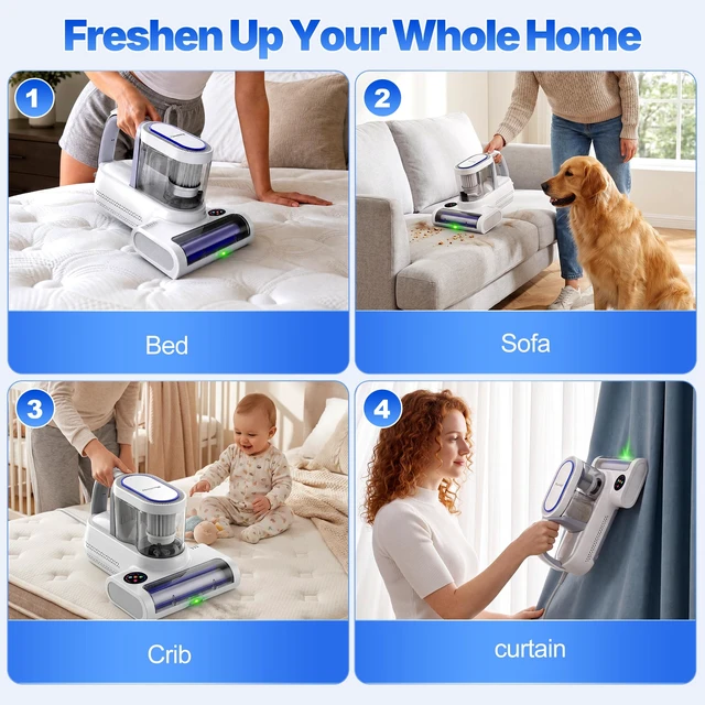 Alt view image 7 of 7 - Misshappy Mattress Bed Vacuum Cleaner - 16KPa Strong Suction Handheld Bed Vacuum Cleaner UV Sanitizing, Ultrasonic Module, Green Dust Visible Light, Dual Dust Cup Filtration 500W