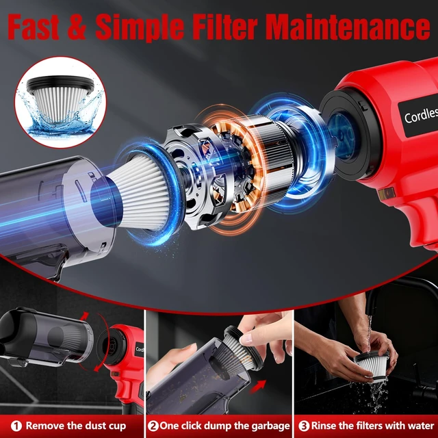 Alt view image 4 of 6 - 3 in 1 Handheld Vacuum Cordless Compatible with Milwaukee 18V Battery, 22000Pa Strong Suction Car Vacuum Portable Cordless for Auto Detailing,Indoor Cleaning and Pet Hair (Battery Not Included)