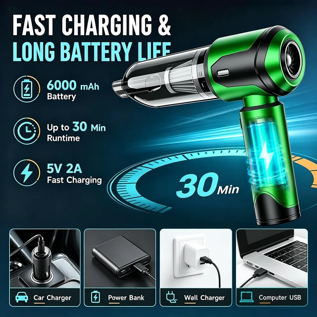 Alt view image 4 of 7 - uxen Handheld Vacuum Cleaner Car Cordless, 26000Pa 4-in-1 Powerful Car Vacuum Cleaner, Portable Mini Vacuum Air Duster, 3 Speed Vacuum for Car, Home, Pet Hair, Green