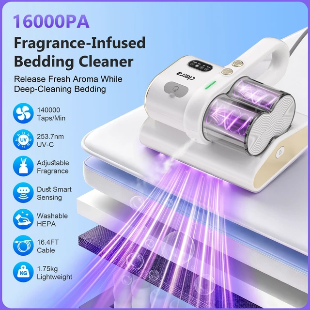 Alt view image 2 of 7 - Cleera Mattress Vacuum Cleaner, 16Kpa Couch Vacuum with Soothing Aroma | UV-C Light,Smart Dust Sensor,Dual Brushroll, 140°F Heat, HEPA Filter, Handheld Vacuums for Bed, Couch (Corded, 400W)