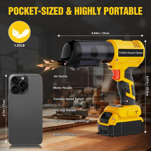 Alt view image 6 of 6 - 3 in 1 Cordless Handheld Vacuum Compatible with Dewalt 20V Battery, 22000Pa Suction Car Vacuum Portable for Quick Cleanups in Vehicles,Workshops,Homes and Offices(No Battery)